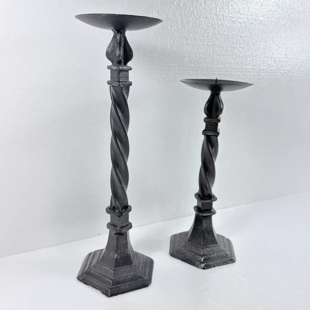 Vintage 2 Black Twist Cast Iron  Candle Holders 14